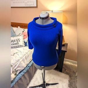 Petite Royal Blue sweater with cowl neck with buttons and elbow length sleeves